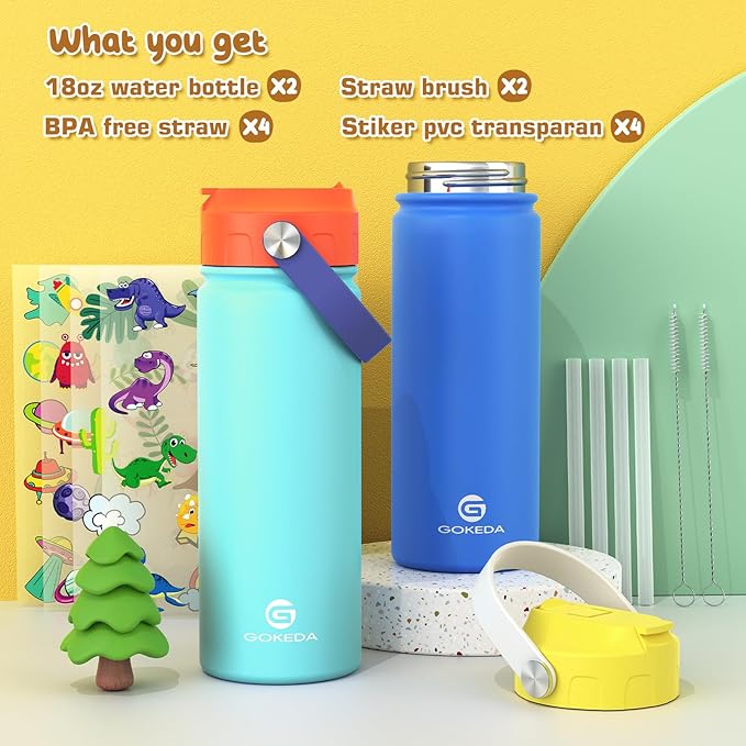 18oz Kids Water Bottle, 2 Pack Insulated Bottles - Image 3