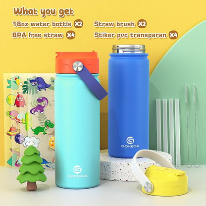 18oz Kids Water Bottle, 2 Pack Insulated Bottles - Image 3