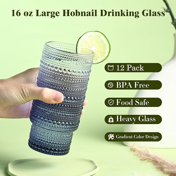 Large Capacity 16 oz Hobnail Drinking Glasses Set of 12, Vintage Glassware - Image 2