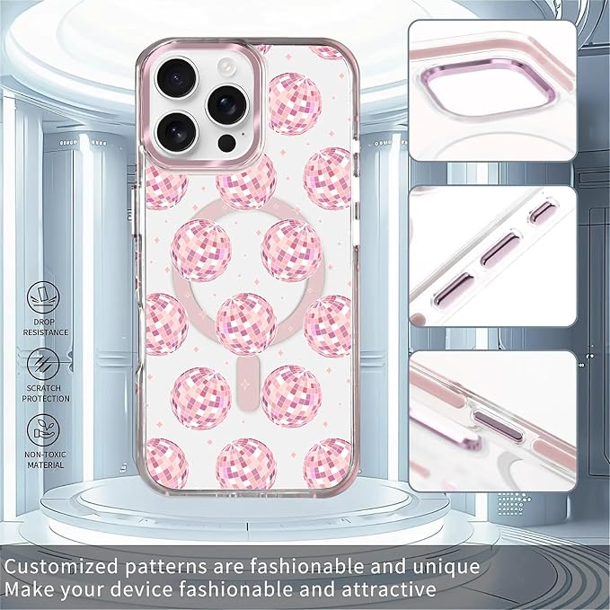 Case for iPhone 16 Pro, Disco Balls Pink Phone Case Design，for Women Girls - Image 2