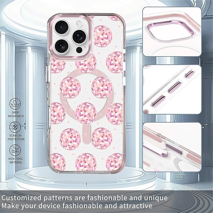 Case for iPhone 16 Pro Max, Disco Balls Pink Phone Case Design，for Women Girls - Image 2