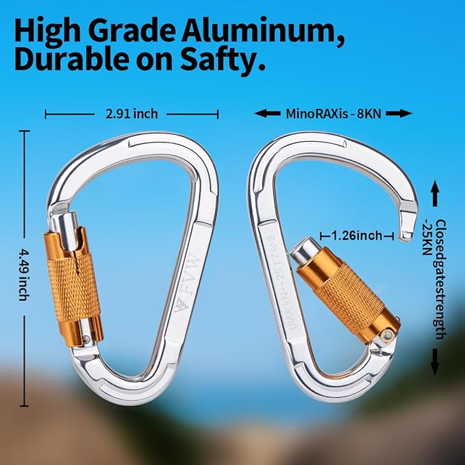FVW Auto Locking Rock Climbing Carabiner Clips, Professional 25KN Heavy Duty - Image 2