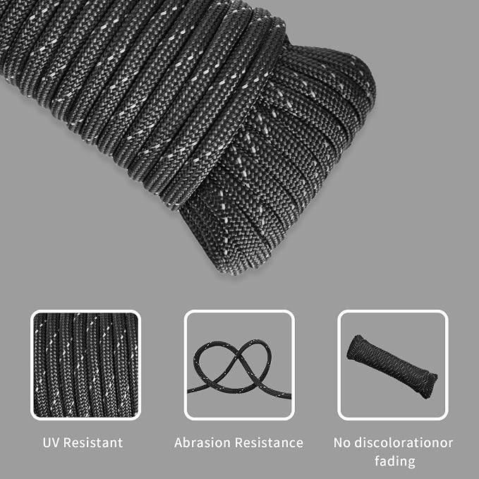 Paracord Rope, Reflective III Parachute Cord 7 Strand Core 550lb, 100ft Black - Image 4