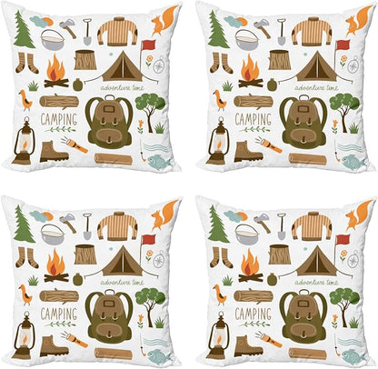 Ambesonne Adventure Throw Pillow Cushion Case Pack of 4, Camping Equipment by Ambesonne
