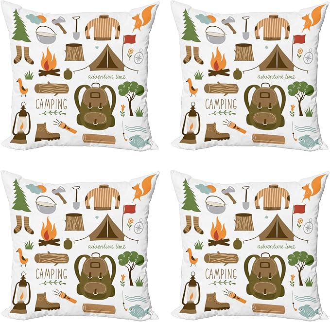 Ambesonne Adventure Throw Pillow Cushion Case Pack of 4, Camping Equipment by Ambesonne