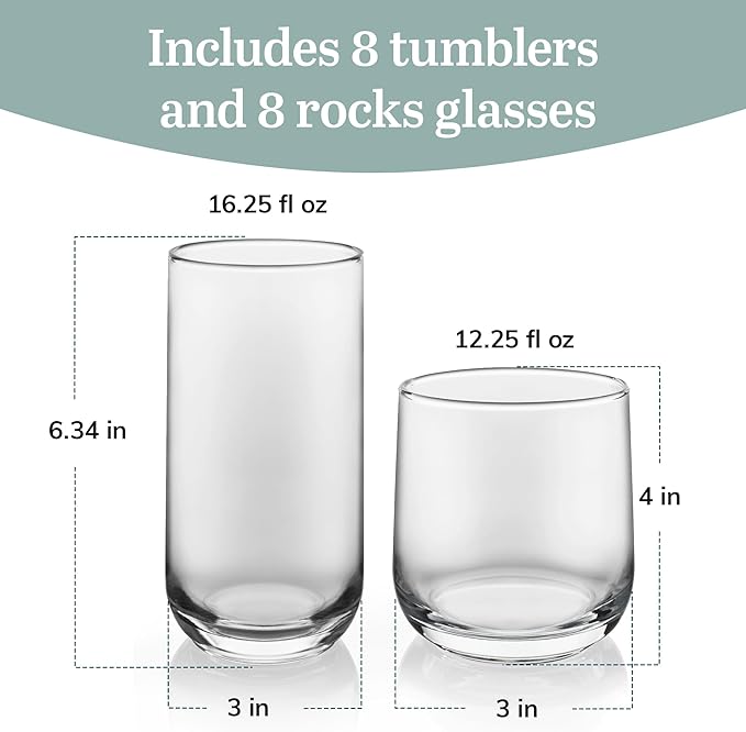 Libbey Ascent Tumbler and Rocks Drinking Glasses Set of 16, Glass Drinking - Image 3