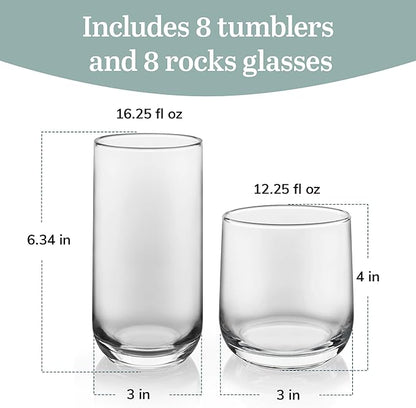 Libbey Ascent Tumbler and Rocks Drinking Glasses Set of 16, Glass Drinking - Image 3