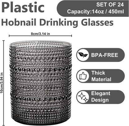 YOUBET 24PCS Plastic Drinking Glasses - 14OZ Black Hobnail Drinkware Glasses - - Image 2