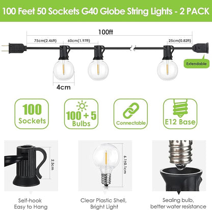 Mlambert 200Ft LED Outdoor String Lights Waterproof Dimmable G40 Globe Patio - Image 4