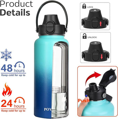 Water Bottle Insulated 32oz 40oz 64oz 128oz Straw Lid Spout Lid & 3 Lids - Image 2