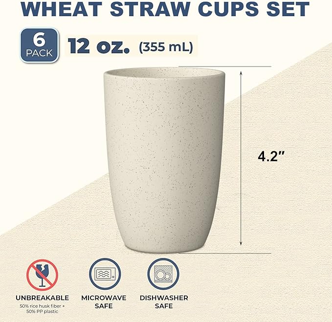 Wrova Wheat Straw Cups 6 PCS Good Alternative to Plastic Reusable Cups 12 oz - Image 2