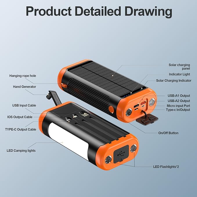 DJKK Solar Power Bank Portable Charger:66800mAh Built in Hand Crank and 3 - Image 7