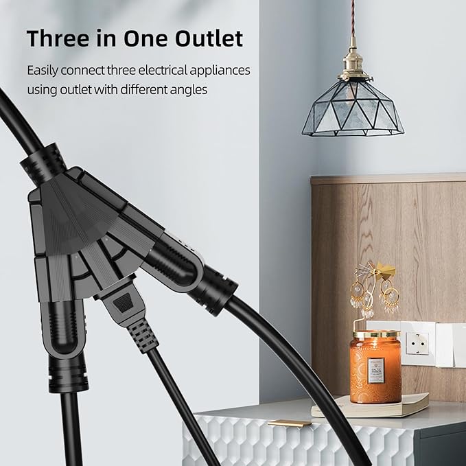 50 FT 3 Outlet Outdoor Extension Cord Waterproof, 16/3 SJTW Black Extension Cord - Image 3