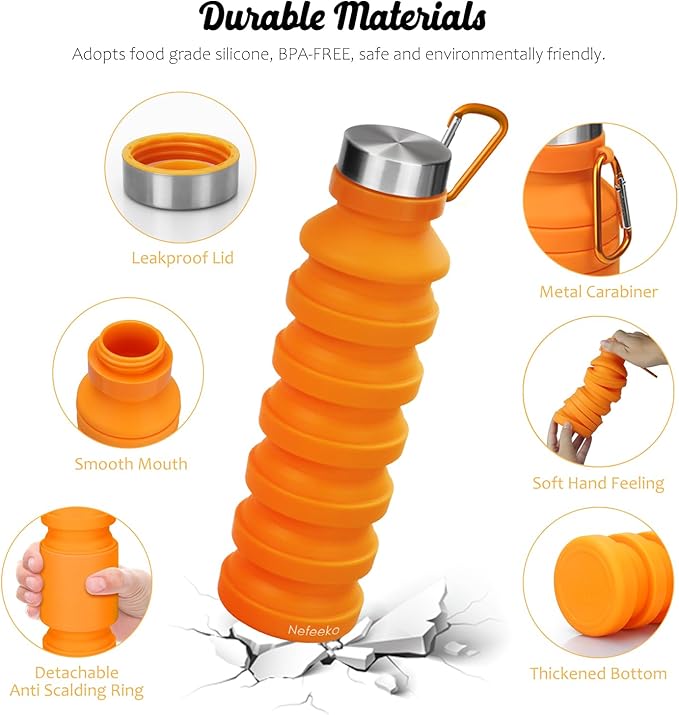 Nefeeko Collapsible Water Bottle, Reuseable BPA Free Silicone Foldable Water - Image 3