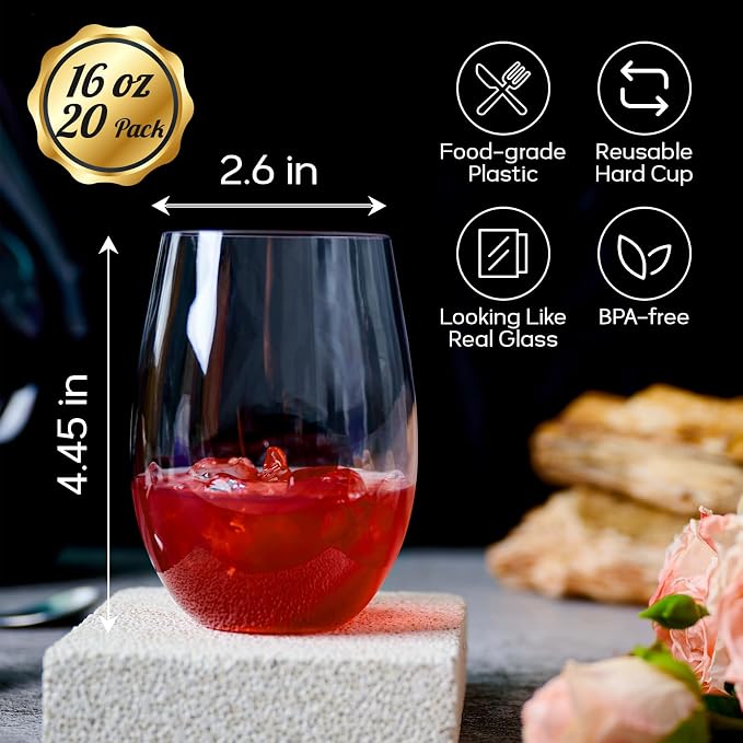 FOCUSLINE 20 Pack 16 Oz Plastic Wine Glasses, Stemless Plastic Wine Cups Heavy - Image 2