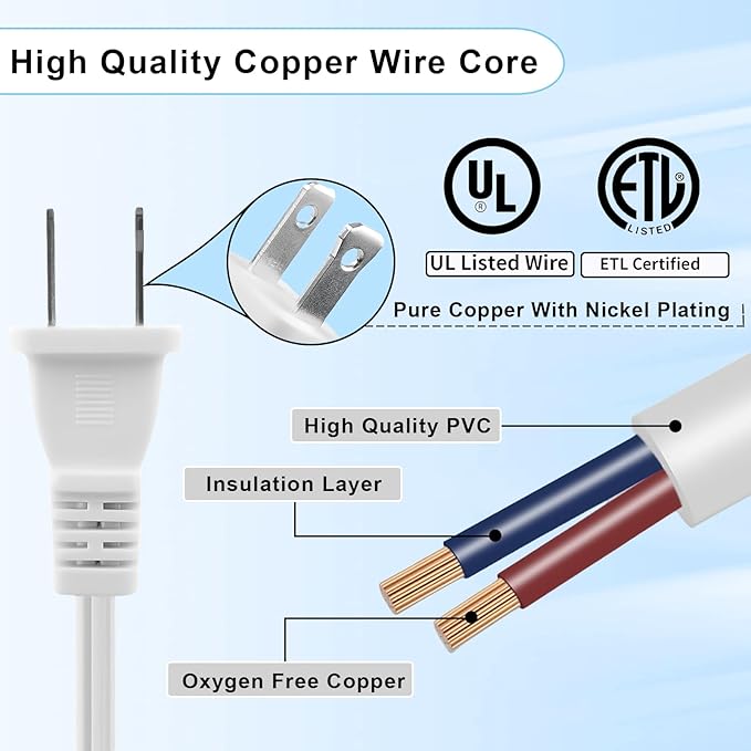 5Pack Extension Cord 10 FT, 2 Prong Power Cable - Image 3
