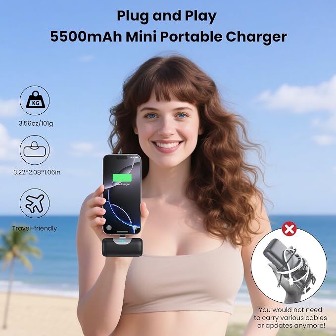 Mini Portable Charger for iPhone 17/16, 5500mAh LCD Display USB C Power Bank - Image 3
