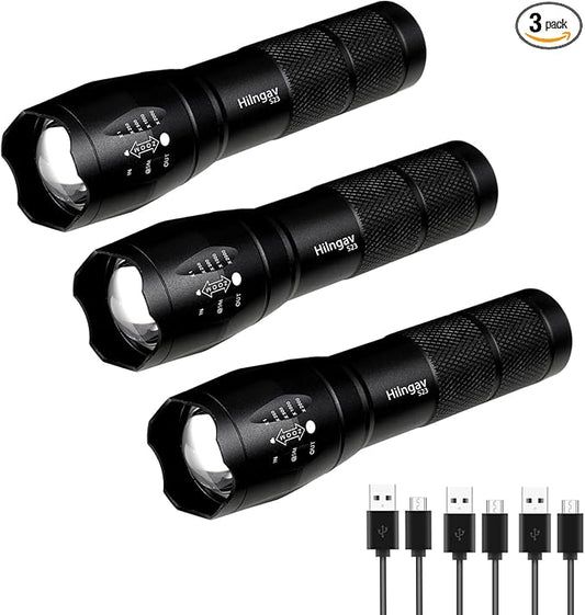 3 Pack LED Rechargeable Flashlight, Super Bright Small Mini Camping Flashlights by Hilngav