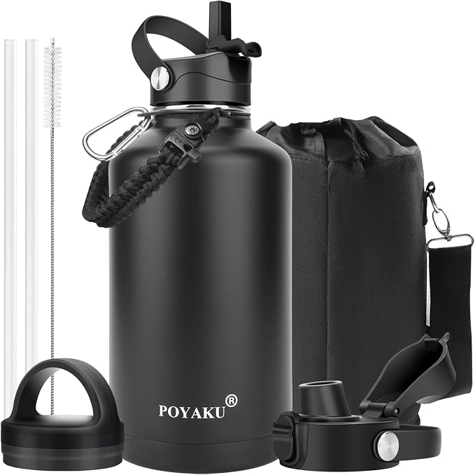 Water Bottle Insulated 32oz 40oz 64oz 128oz Straw Lid Spout Lid & 3 Lids by POYAKU