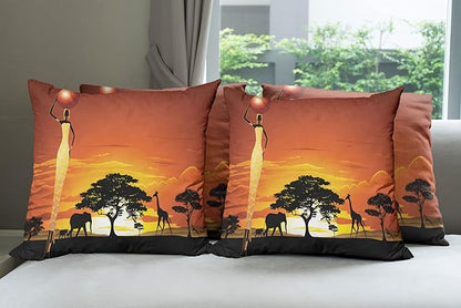 Ambesonne Elephant Throw Pillow Cushion Case Pack of 4, Woman and Wild Landscape by Ambesonne