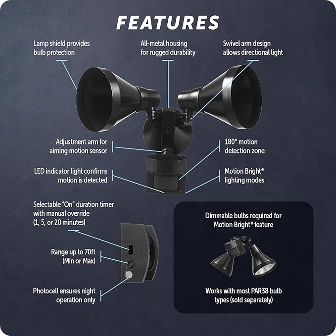 Globe Electric 17000140 180-Degree 240 W Twin Head Black Hardwired Motion - Image 9