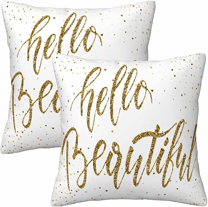 Hello Beautiful Bling Pillow Covers 18 X 18 Gold Glitter Motivational Quote Set by Unknown