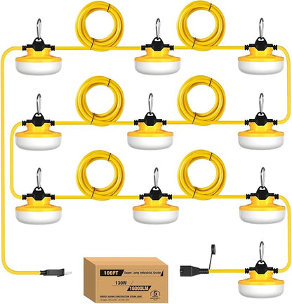 YXL 130W 16000LM Construction String Lights Temp Lighting 100FT Industrial LED by LightingYourBusinessFuture