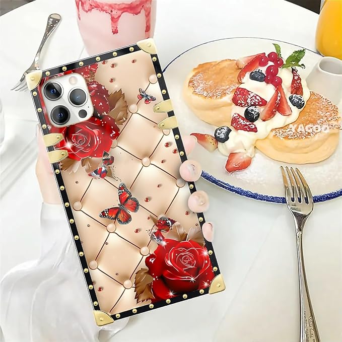 Compatible with iPhone 12 12 Pro Case, Shining Red Rose Butterfly Leather - Image 5