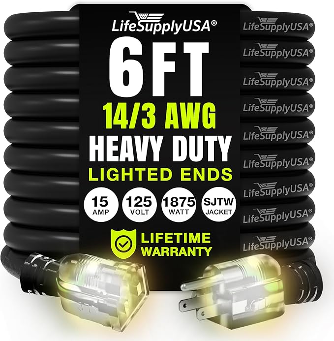 6ft Outdoor/Indoor Extension Cord 14/3 Gauge Heavy Duty 3 Prong SJTW, Waterproof by LifeSupplyUSA