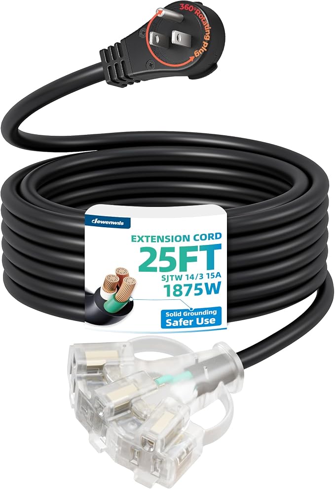 DEWENWILS 360° Rotating Flat Plug Outdoor Extension Cord 25FT, 14/3 SJTW Heavy by DEWENWILS