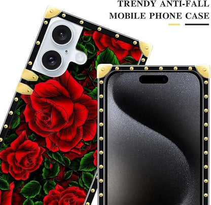 Compatible with iPhone 16 Case, Vector Red Rose Green Leaf Luxury Golden - Image 4