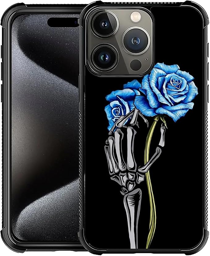 for iPhone 16 Pro Max Case, Skeleton Holding Blue Rose Pattern Graphic Design by FKBRCL4U