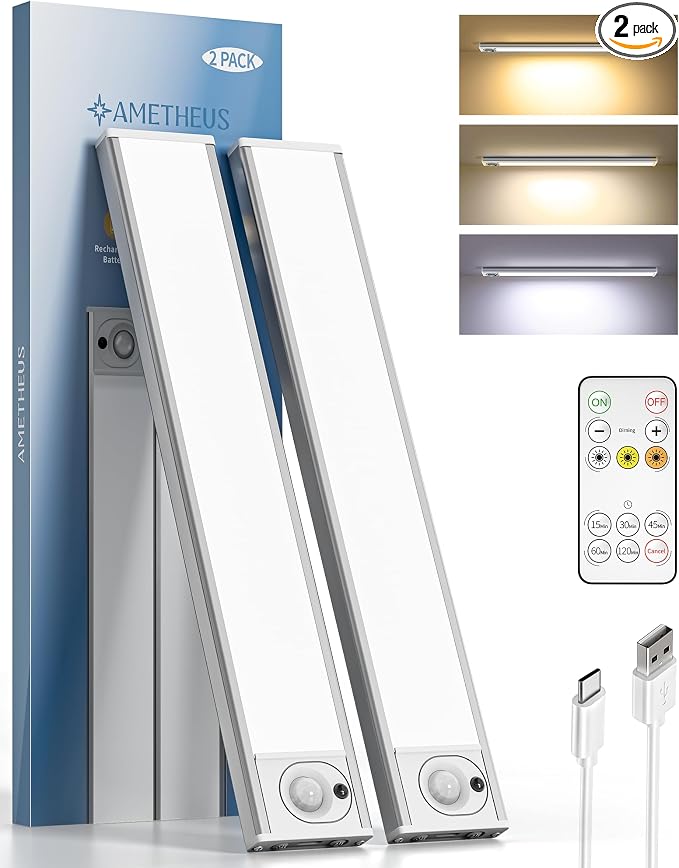 2Pack 12inch Under Cabinet Lighting, Rechargeable Motion Sensor Light Wireless by AMETHEUS