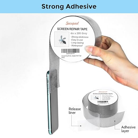 Secopad Grey Window Screen Repair Tape, 4IN X 25FT Screen Repair Kit - Image 2