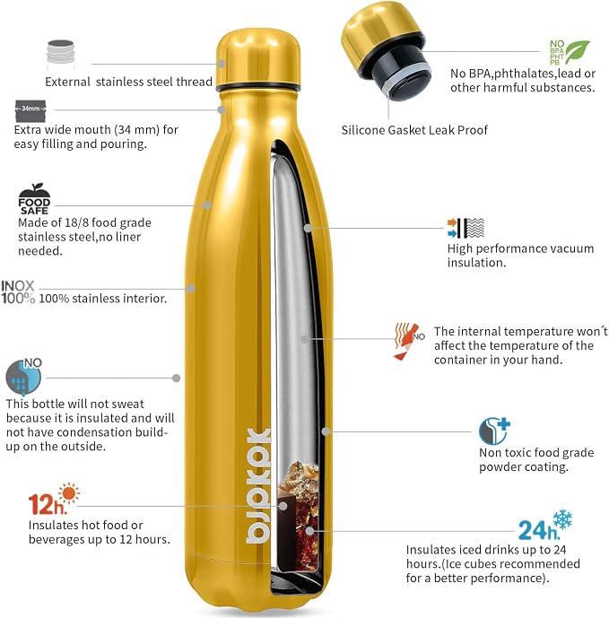 BJPKPK 25oz Insulated Stainless Steel Water Bottle BPA Free, Shining Gold - Image 3