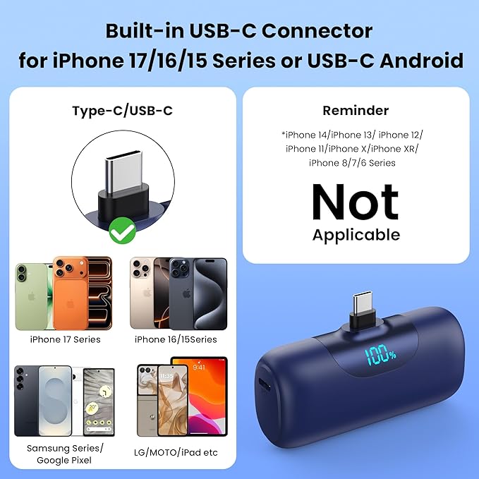 Mini Portable Charger for iPhone 17/16, 5500mAh LCD Display USB C Power Bank - Image 2