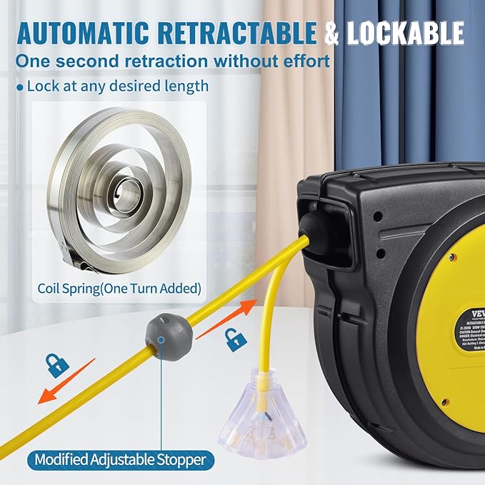 VEVOR Retractable Extension Cord Reel, 65 FT, Heavy Duty 12AWG/3C SJTOW - Image 5