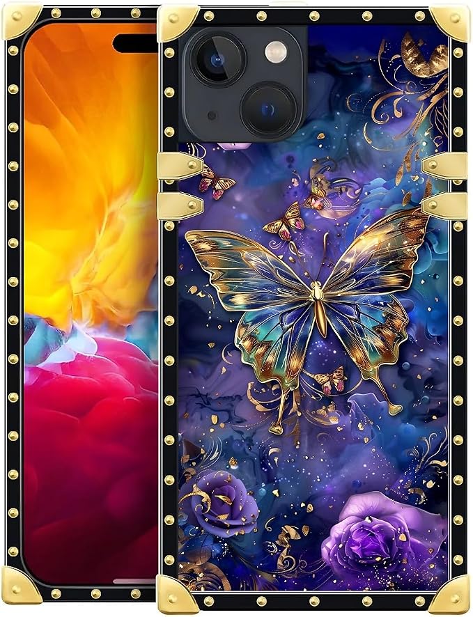 Compatible with iPhone 15 Case, Glistening Golden Butterfly Vibrant Purple Blue by Unknown