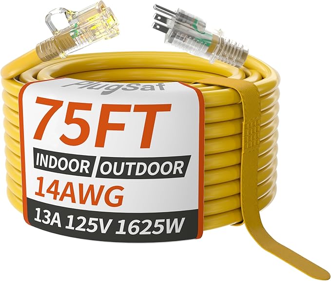 PlugSaf 14/3 Gauge Yellow Outdoor Extension Cord 75 ft Waterproof by PlugSaf