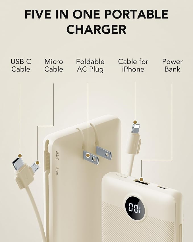 Portable Charger Built-in Cables and AC Wall Plug, USB C Power Bank 10000mAh - Image 3