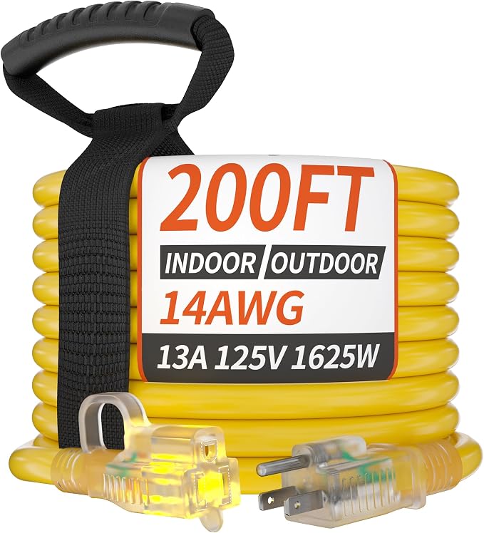 PlugSaf 200 ft 14/3 Gauge Yellow Extension Cord Outdoor by PlugSaf