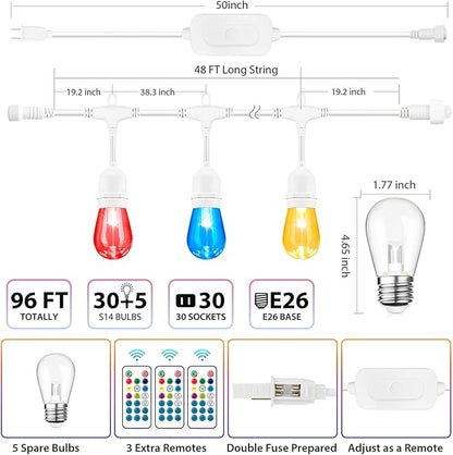 Mlambert 96Ft Outdoor Patio Lights, RGB Cafe String Lights - Image 4