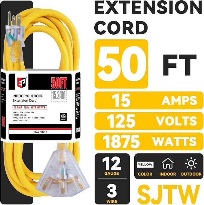 EP 50 Ft 12 Gauge Heavy Duty Extension Cord, 15A 125V 1875W, 3 Outlet - Image 2