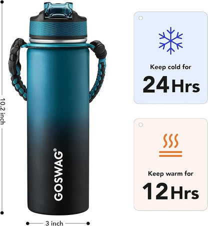 GOSWAG Insulated Sports Water Bottle, 24oz 2 Lids, Stainless Steel Water Bottles - Image 2