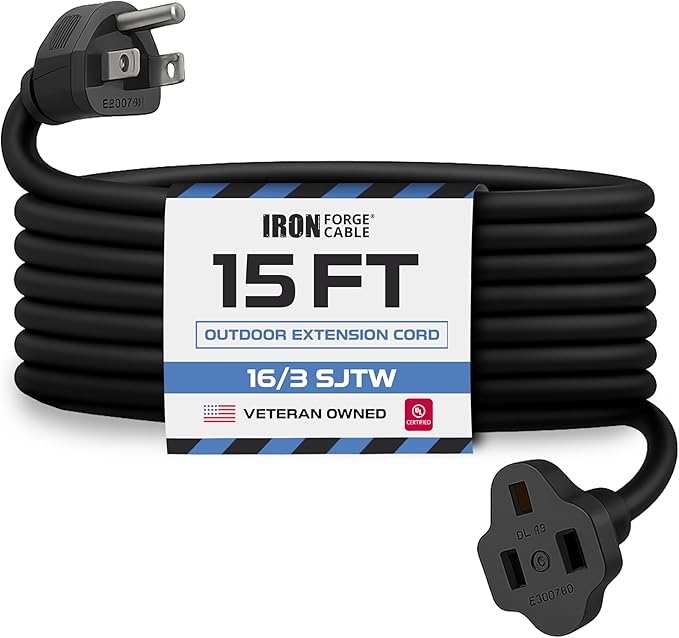 Iron Forge Cable 15 Ft Black Extension Cord, 15 Foot Extension Cord, 3 Prong by IronForgeCable