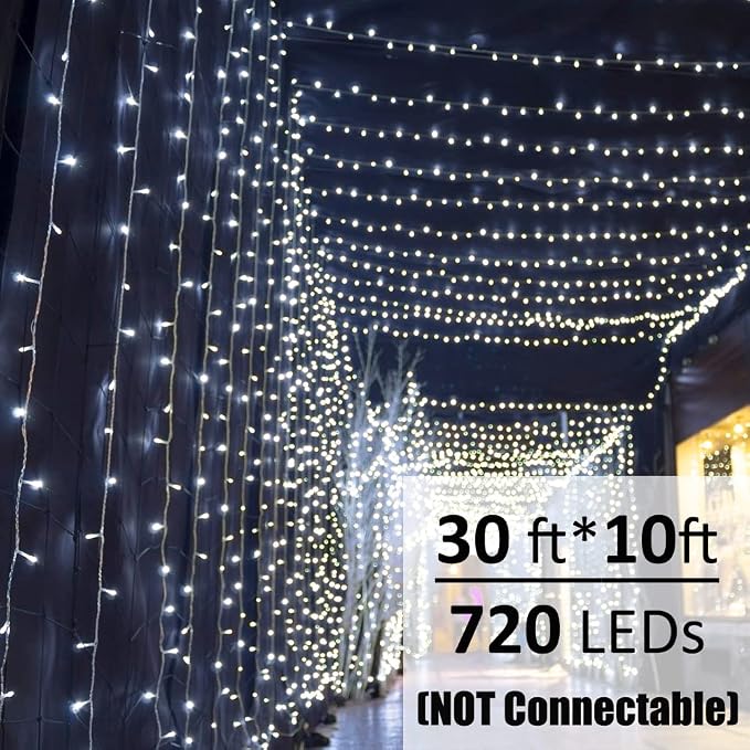 Solhice LED Curtain Lights Outdoor 30ft x10ft Cool White, 720 LED Plug in - Image 2
