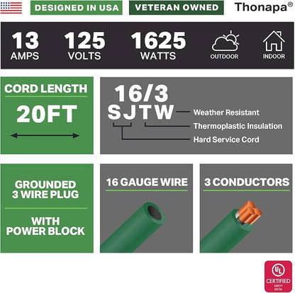 Thonapa Weatherproof Green Extension Cord 20 ft 3 Outlets, 16/3 SJTW Outdoor - Image 2