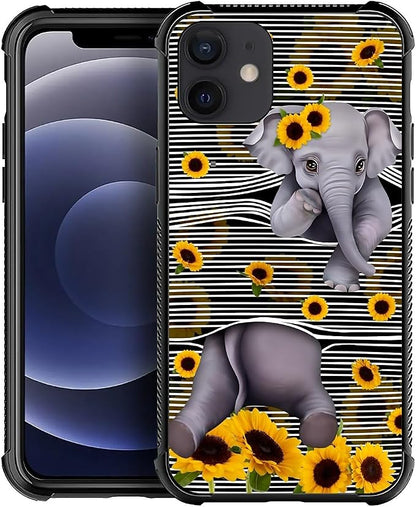 for iPhone 12 Mini Case, Cute Little Elephant Sunflower White Line Art Pattern by FKBRCL4U