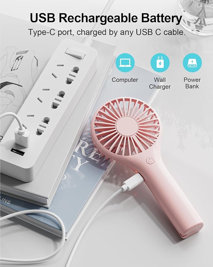 TriPole 2 Pack Mini Portable Handheld Fan Pink, 3 Speeds Powerful Personal - Image 5