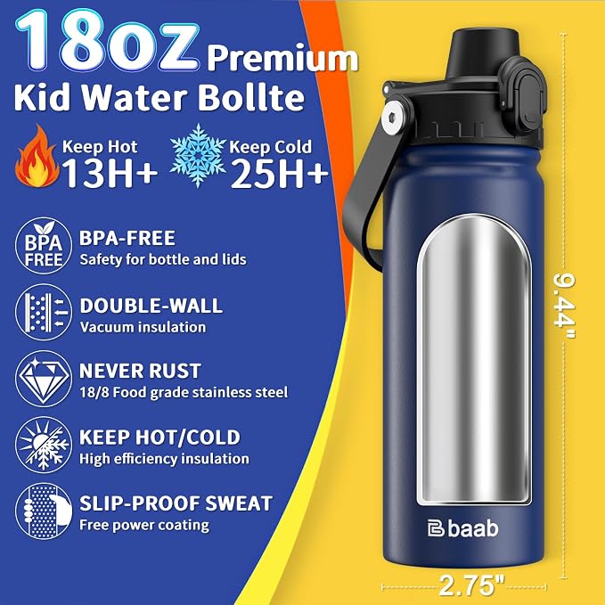 baab 18oz Kids Water Bottle, Insulated Kids Water Bottle - Image 2